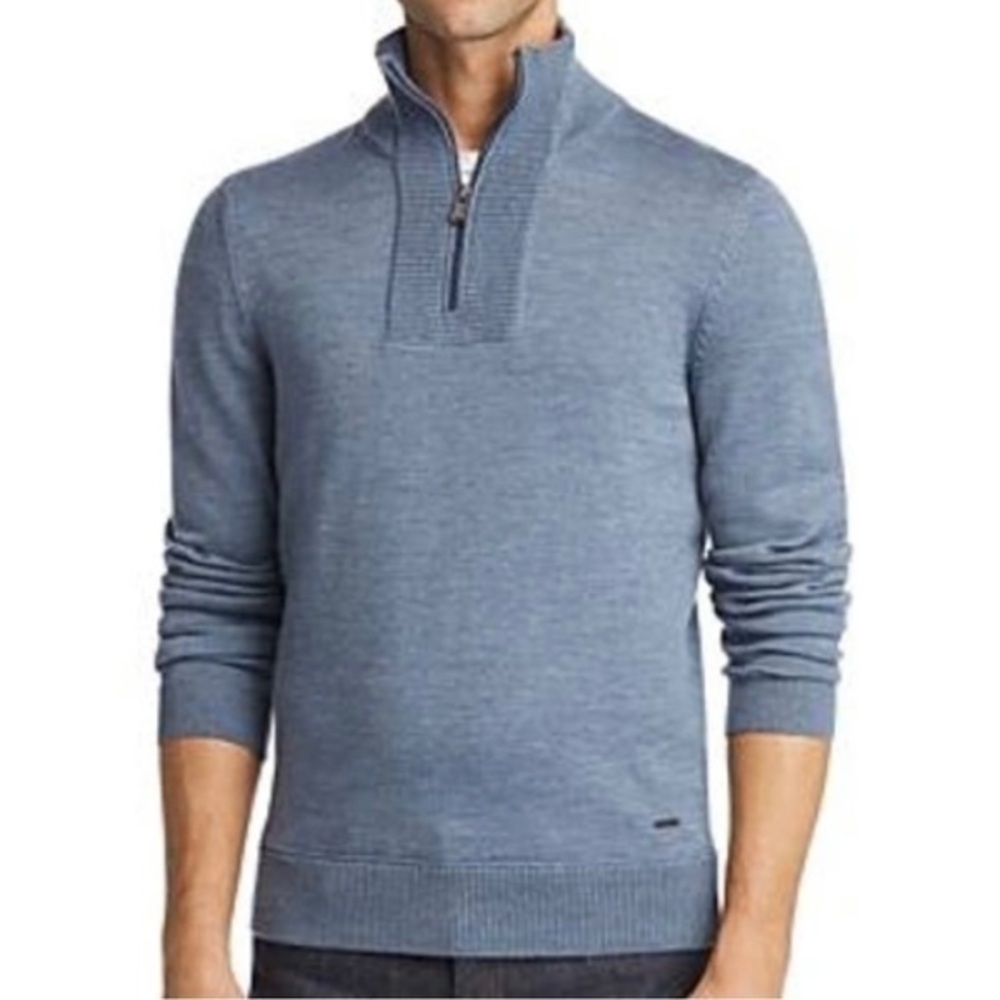 Boss Hugo Boss Blue Eleo Exclusive Virgin Wool Pull-Over Quarter-Zip Sweater